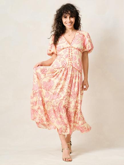 Hope & Ivy The Halima Petite Floral Puff Sleeve V-Neck Tiered Midi Dress, Cream/Multi, Cream/Multi