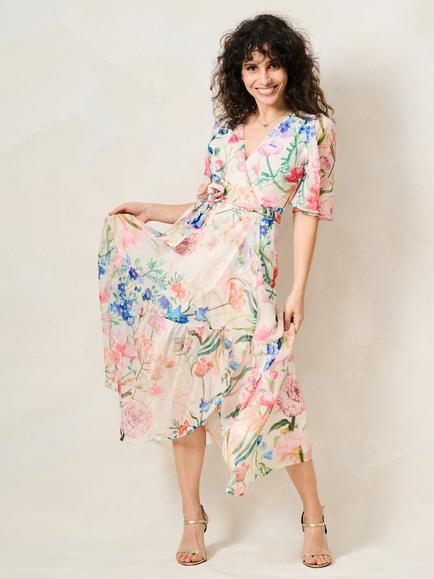 Hope & Ivy Petite The Michelle Floral Print Short Sleeve Wrap Front Maxi Dress, White/Multi, White/Multi