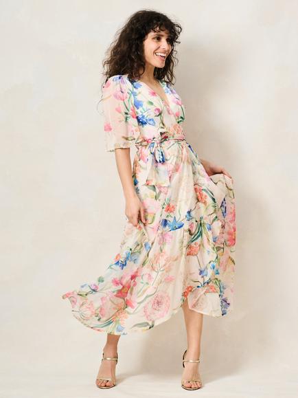Hope & Ivy Petite The Michelle Floral Print Short Sleeve Wrap Front Maxi Dress, White/Multi - view 2, White/Multi