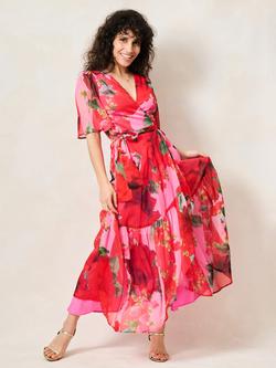 Hope & Ivy Petite The Rosanna Floral Print Short Sleeve Wrap Front Maxi Dress, Pink/Red, Pink/Red