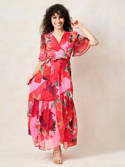 Hope & Ivy Petite The Rosanna Floral Print Short Sleeve Wrap Front Maxi Dress, Pink/Red - view 2, Pink/Red
