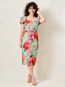 Hope & Ivy Petite The Rowena Floral Print Short Sleeve Sweetheart Neck Midi Dress, Green/Multi, Green/Multi