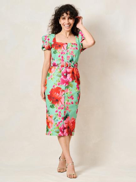 Hope & Ivy Petite The Rowena Floral Print Short Sleeve Sweetheart Neck Midi Dress, Green/Multi, Green/Multi