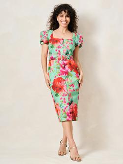 Hope & Ivy Petite The Rowena Floral Print Short Sleeve Sweetheart Neck Midi Dress, Green/Multi - view 2, Green/Multi