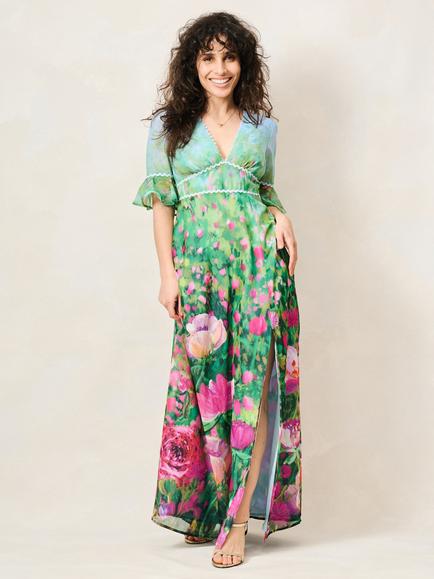 Hope & Ivy The Solenne Petite Thigh Split Maxi Dress, Green/Multi, Green/Multi