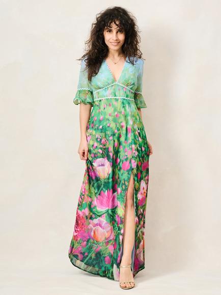 Hope & Ivy The Solenne Petite Thigh Split Maxi Dress, Green/Multi - view 2, Green/Multi