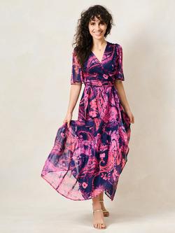Hope & Ivy The Yasmine Petite Flutter Sleeve Maxi Wrap Dress, Navy/Pink, Navy/Pink