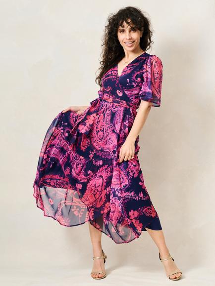 Hope & Ivy The Yasmine Petite Flutter Sleeve Maxi Wrap Dress, Navy/Pink - view 2, Navy/Pink