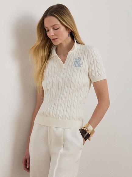 Lauren Ralph Lauren Natrissa Short Sleeve Cotton Cable Knit Polo Jumper, White, White