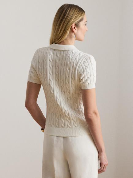 Lauren Ralph Lauren Natrissa Short Sleeve Cotton Cable Knit Polo Jumper, White - view 2, White