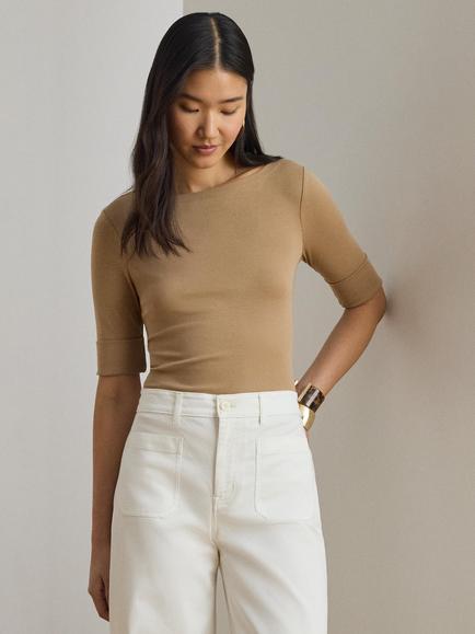 Lauren Ralph Lauren Judy Short Sleeve Stretch Cotton Slim Fit Top, Classic Camel, Classic Camel