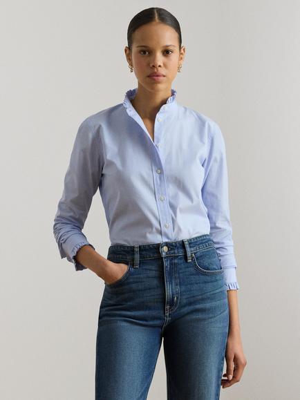Lauren Ralph Lauren Ruffle Collar Cotton Shirt, Light Sky Blue, Light Sky Blue
