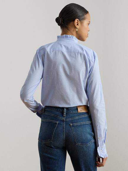Lauren Ralph Lauren Ruffle Collar Cotton Shirt, Light Sky Blue - view 2, Light Sky Blue