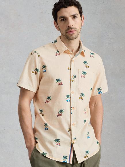 White Stuff Finsbury Cotton Regular Fit Palm Tree Shirt, Natural/Multi, Natural/Multi