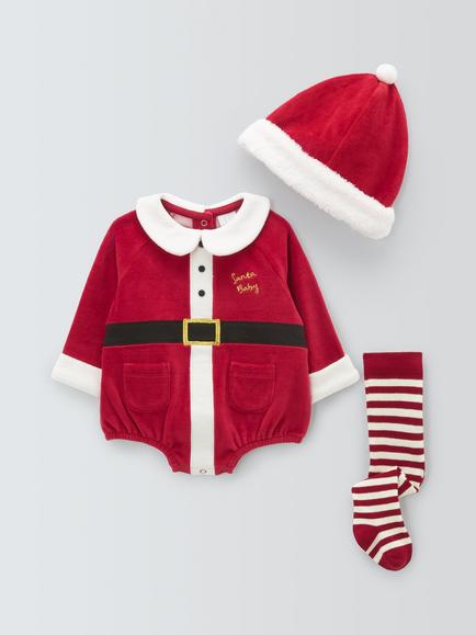 John Lewis Baby Santa Romper, Hat & Tights Set, Red/White, Red/White