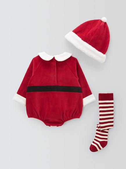 John Lewis Baby Santa Romper, Hat & Tights Set, Red/White - view 2, Red/White