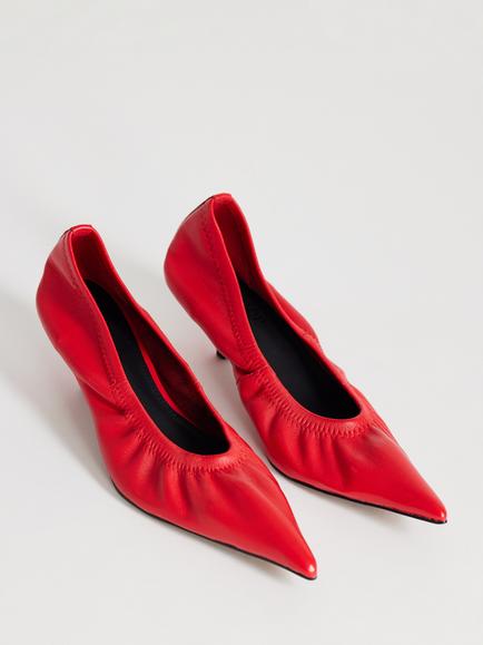 Topshop Arizona Ruched Leather Kitten Heel Court Shoes, Red - view 2, Red