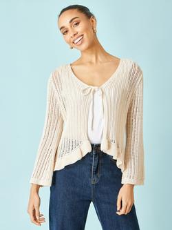 Yumi Cotton Tie Front Pointelle Cardigan, Beige, Beige
