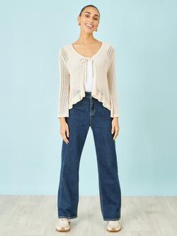 Yumi Cotton Tie Front Pointelle Cardigan, Beige - view 2, Beige
