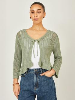 Yumi Cotton Tie Front Pointelle Cardigan, Sage Green, Sage Green