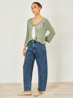 Yumi Cotton Tie Front Pointelle Cardigan, Sage Green - view 2, Sage Green
