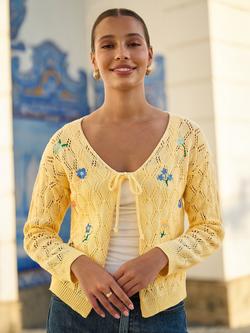 Yumi Cotton Embroidered Pointelle Cardigan, Butter Yellow/Multi, Butter Yellow/Multi