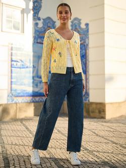 Yumi Cotton Embroidered Pointelle Cardigan, Butter Yellow/Multi - view 2, Butter Yellow/Multi