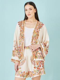 Yumi Floral Border Tie Belt Kimono, Ivory/Multi, Ivory/Multi