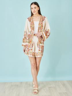 Yumi Floral Border Tie Belt Kimono, Ivory/Multi - view 2, Ivory/Multi
