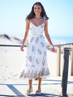 Yumi Foil Print Lace Trim Midi Sun Dress, Ivory/Multi, Ivory/Multi