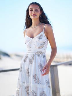 Yumi Foil Print Lace Trim Midi Sun Dress, Ivory/Multi - view 2, Ivory/Multi