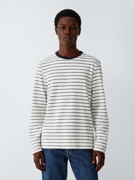 John Lewis Cotton Regular Fit Textured Stripe T-Shirt, Navy/Off-white, Navy/Off-white