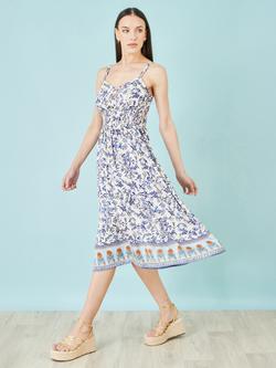 Yumi Floral Border Print Midi Sun Dress, Multi - view 2, Multi