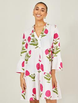 Yumi Cotton Floral Tunic Dress, White/Multi, White/Multi