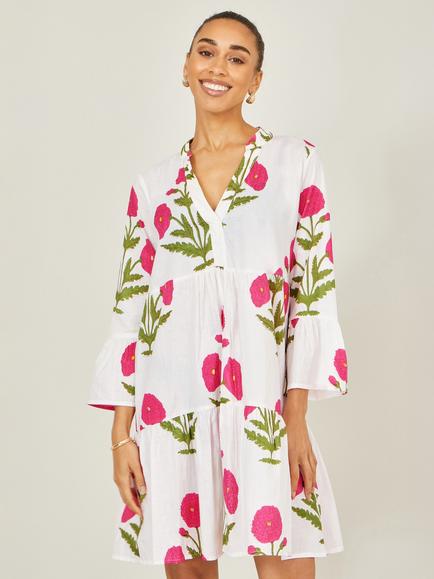 Yumi Cotton Floral Tunic Dress, White/Multi, White/Multi