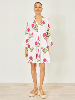 Yumi Cotton Floral Tunic Dress, White/Multi - view 2, White/Multi