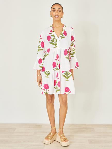 Yumi Cotton Floral Tunic Dress, White/Multi - view 2, White/Multi