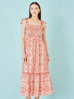 Yumi Ruched Tie Strap Midi Sun Dress, Red/White, Red/White
