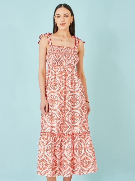 Yumi Ruched Tie Strap Midi Sun Dress, Red/White, Red/White