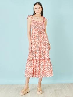 Yumi Ruched Tie Strap Midi Sun Dress, Red/White - view 2, Red/White