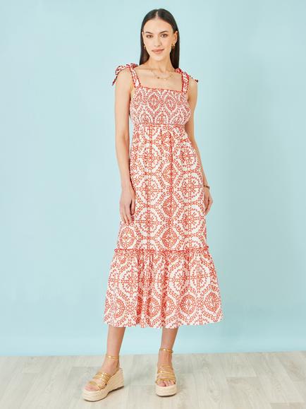 Yumi Ruched Tie Strap Midi Sun Dress, Red/White - view 2, Red/White