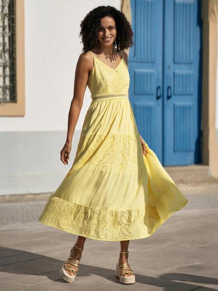 Yumi Cotton Lace Trim Midi Dress, Butter Yellow, Butter Yellow