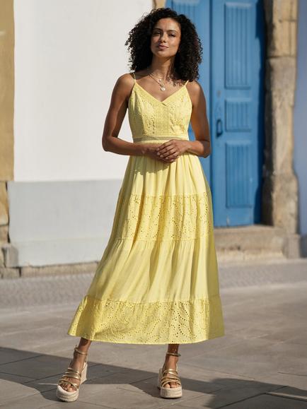 Yumi Cotton Lace Trim Midi Dress, Butter Yellow - view 2, Butter Yellow