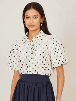Yumi Polka Dot Lace Boxy Short Sleeve Shirt, White/Black, White/Black