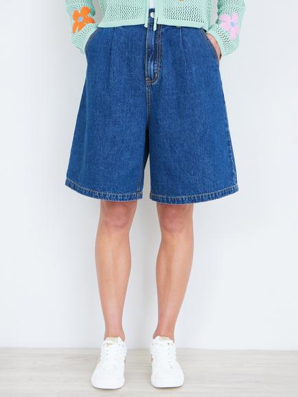 Yumi Denim Wide Leg Shorts, Blue - view 2, Blue