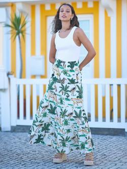 Yumi Cotton Animal Print Tiered Maxi Skirt, White/Multi, White/Multi