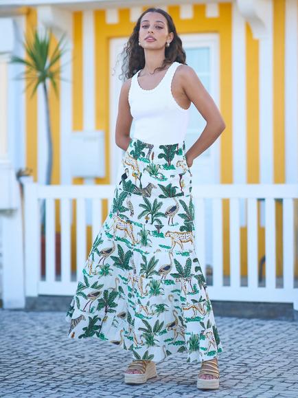 Yumi Cotton Animal Print Tiered Maxi Skirt, White/Multi, White/Multi
