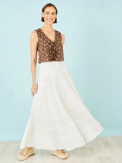 Yumi Double Cotton Tiered Boho Maxi Skirt, White, White