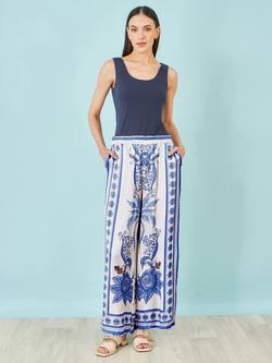 Yumi Satin Print Placement Relaxed Trousers, Blue/Multi, Blue/Multi