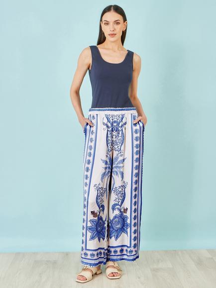 Yumi Satin Print Placement Relaxed Trousers, Blue/Multi, Blue/Multi